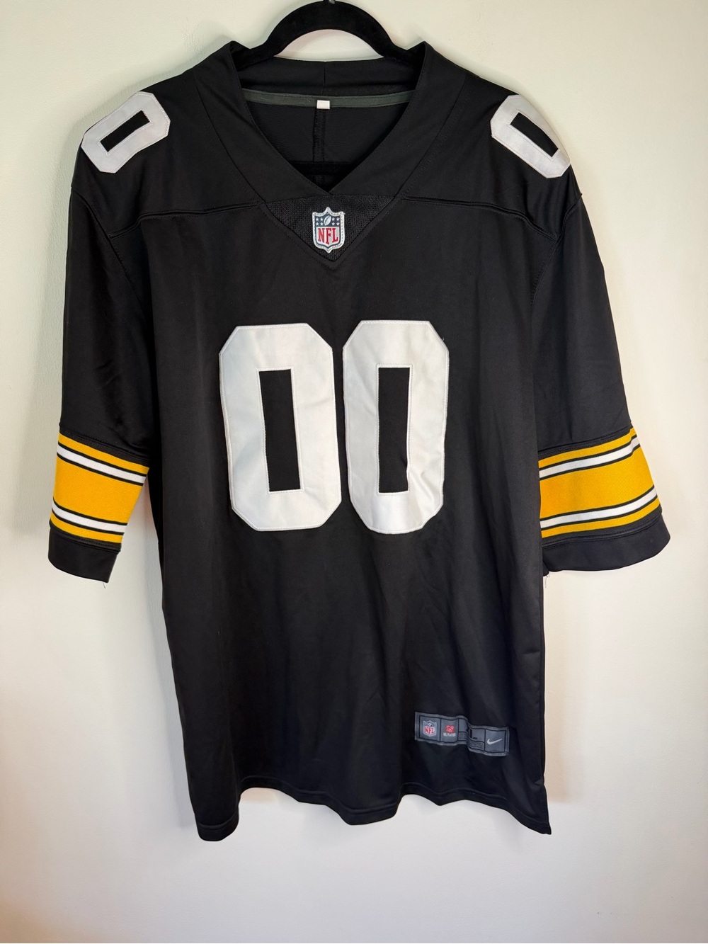 NFL Black Jersey with White 00 and Yellow Sleeve Stripes Steeler colors XL